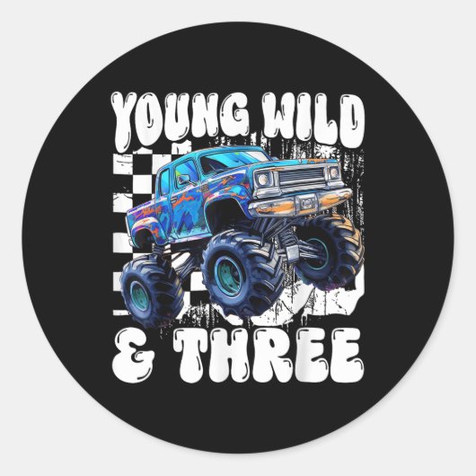 3rd Birthday Monster Truck Young Wild And Three 3  ラウンドシール (正面)
