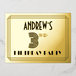 3rd Birthday Party ~ Art Deco Style “3” + Name 箔招待状ポストカード