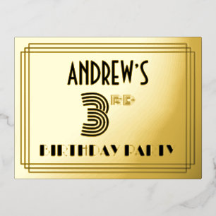 3rd Birthday Party ~ Art Deco Style “3” + Name 箔招待状ポストカード