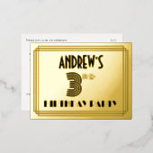 3rd Birthday Party ~ Art Deco Style “3” + Name 箔招待状ポストカード (正面/裏面)