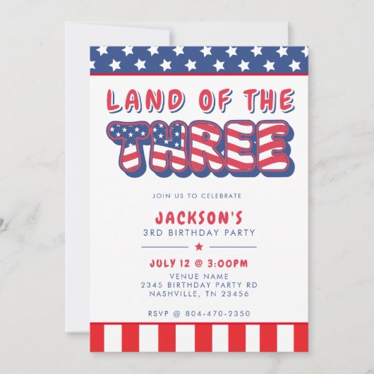 3rd Birthday Party Patriotic USA Flag July 4th 招待状 (正面)
