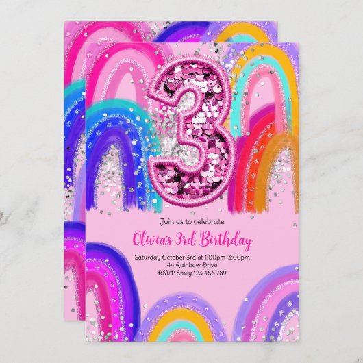 3rd Birthday Rainbow Fun Glitter 招待状 (正面/裏面)