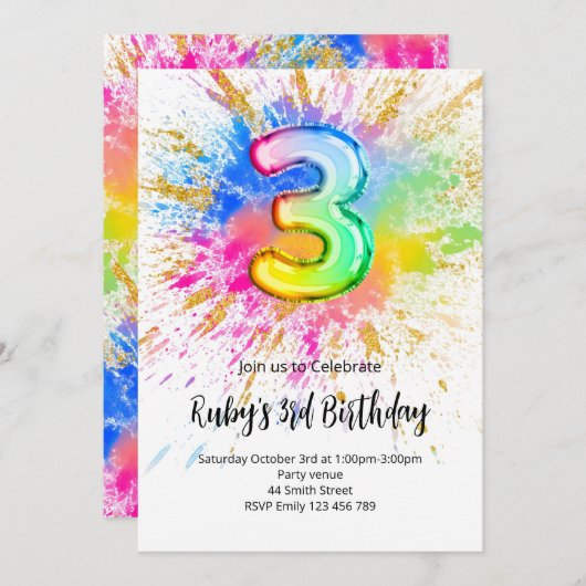 3rd Birthday Rainbow Paint Splash Invitation 招待状 (正面/裏面)
