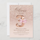 3rd Birthday Rose Pink Gold  Bow Birthday Party  招待状 (正面)