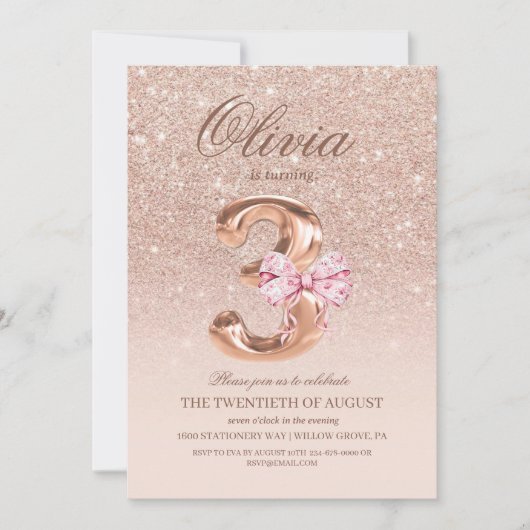 3rd Birthday Rose Pink Gold Bow Birthday Party 招待状 (正面)