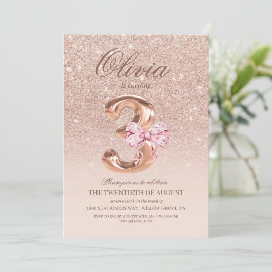 3rd Birthday Rose Pink Gold  Bow Birthday Party  招待状 (スタンド正面)