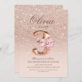 3rd Birthday Rose Pink Gold Bow Birthday Party 招待状 (正面/裏面)