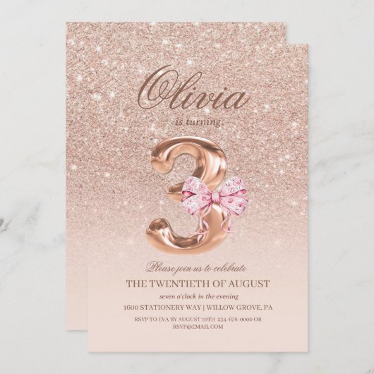 3rd Birthday Rose Pink Gold  Bow Birthday Party  招待状 (正面/裏面)