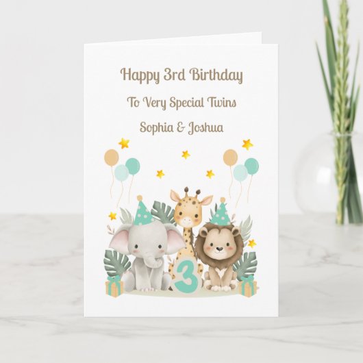 3rd Birthday Safari Animals Twin Birthday Card カード (正面)