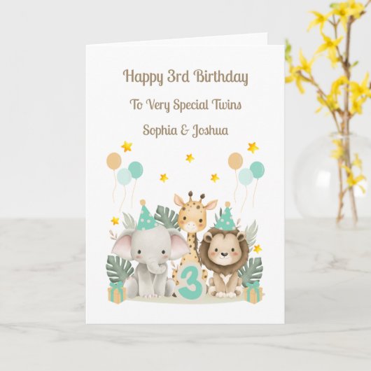 3rd Birthday Safari Animals Twin Birthday Card カード (黄色い花)