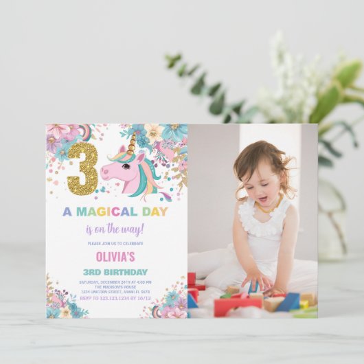 3rd Birthday Unicorn誕生日招待状w photo 招待状 (スタンド正面)