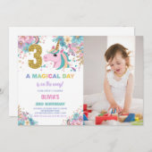 3rd Birthday Unicorn誕生日招待状w photo 招待状 (正面/裏面)