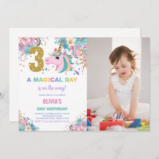 3rd Birthday Unicorn誕生日招待状w photo 招待状 (正面/裏面)