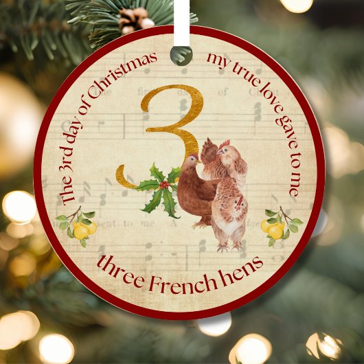3rd Day of Christmas Three French Hens Ornament メタルオーナメント