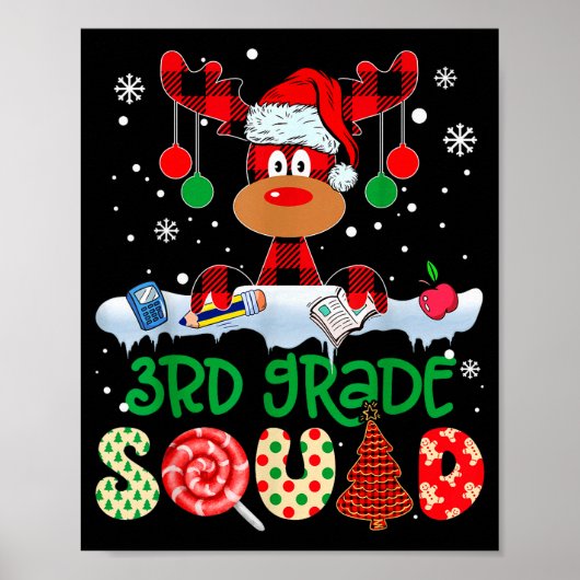 3rd Grade Squad Teacher Buffalo Red Plaid Reindeer ポスター (正面)