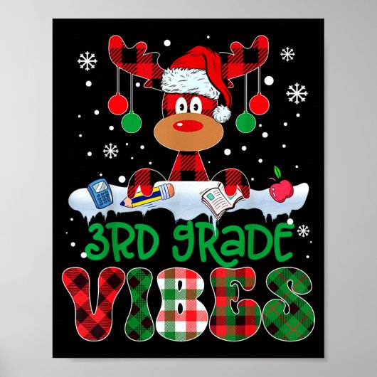 3rd Grade Vibes Teacher Buffalo Red Plaid Reindeer ポスター (正面)