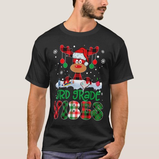 3rd Grade Vibes Teacher Buffalo Red Plaid Reindeer Tシャツ (正面)