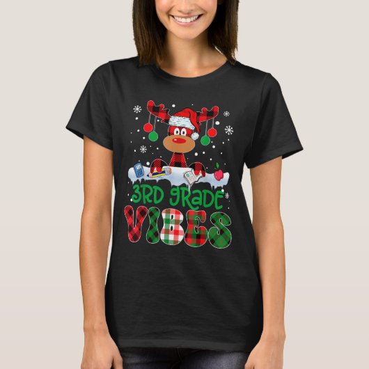 3rd Grade Vibes Teacher Buffalo Red Plaid Reindeer Tシャツ (正面)