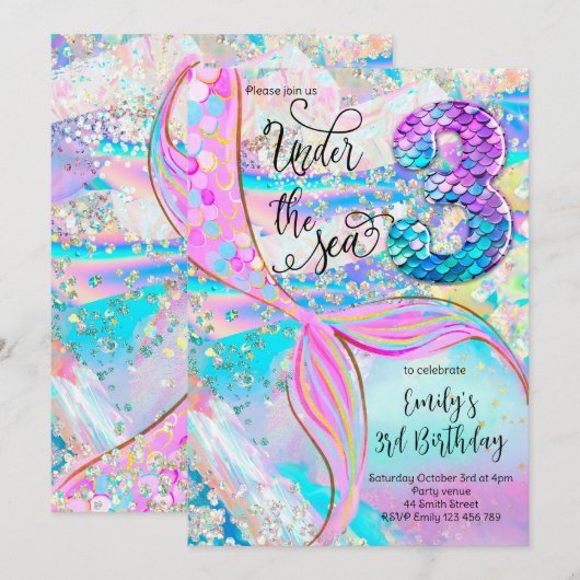 3rd Mermaid Birthday Under the Sea Invitation 招待状 (正面/裏面)