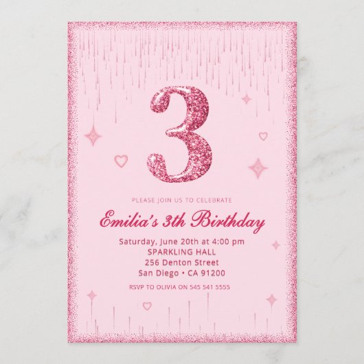 3rd Pink Glitter Birthday | Sparkle Glitter  招待状 (正面)