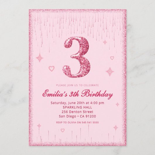 3rd Pink Glitter Birthday Sparkle Glitter picture 招待状 (正面)