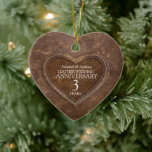 3rd Wedding Anniversary Leather heart ornament セラミックオーナメント<br><div class="desc">Keepsake leather look wedding anniversary ornament. Personalize with your own names and a picture on the reverse. Other matching items are available. Unique graphic beaded turquoise art style art and design by Sarah Trett for www.mylittleeden.com and www.mylittleedenweddings.com</div>