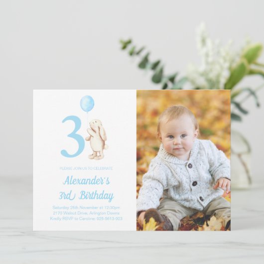 3th Birthday Bunny Rabbit & Balloon Photo 招待状 (スタンド正面)