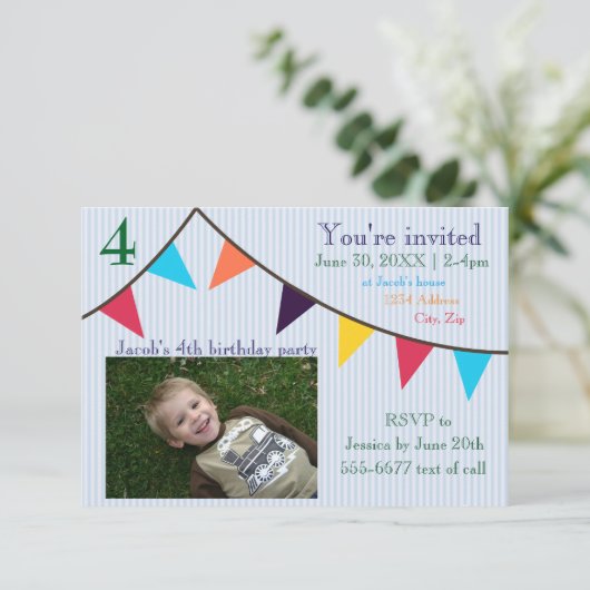 3x5男の子誕生日招待状ブルーバナストライプのー 招待状 (スタンド正面)