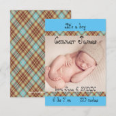 3x5 ブルー 男の子 新生児 Plaid 誕生お知らせカード 案内状 (正面/裏面)