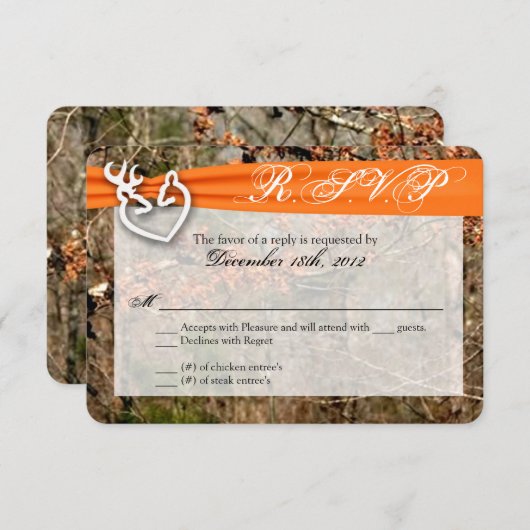 3x5 R.S.V.P.の応答カードシカのカップルの雌ジカの木びき台の迷彩柄 出欠カード (正面/裏面)