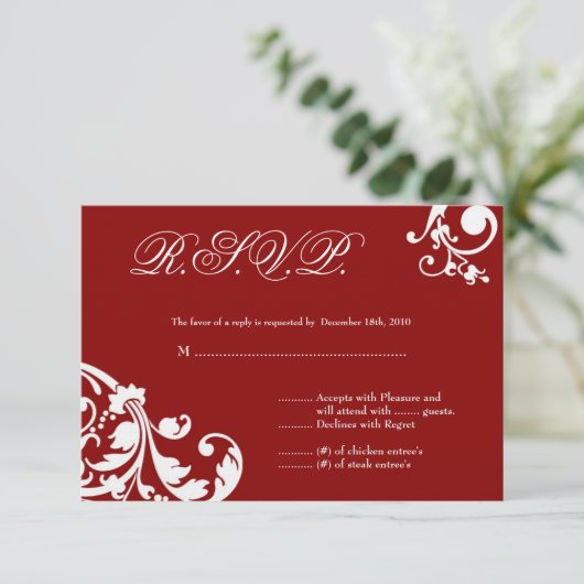 3x5 R.S.V.P.の応答カード深紅の花柄の群葉 出欠カード (スタンド正面)