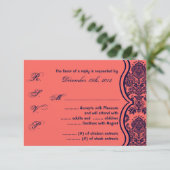 3x5 R.S.V.P.の応答カード濃紺のCoraのダマスク織のレース 出欠カード (スタンド正面)