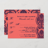 3x5 R.S.V.P.の応答カード濃紺のCoraのダマスク織のレース 出欠カード (正面/裏面)