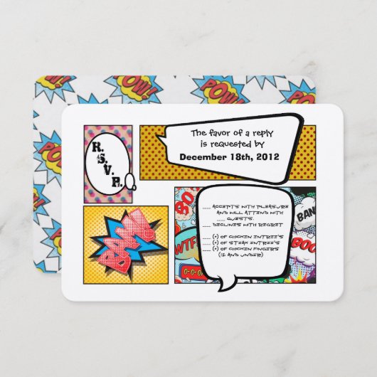3x5 R.S.V.P.の応答カード続きこま漫画の本のポップアート 出欠カード (正面/裏面)