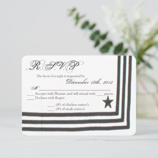 3x5 R.S.V.P.リプライカードネイビー夏のドレス白 出欠カード (スタンド正面)