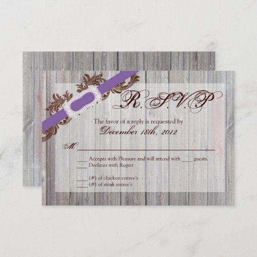 3x5 R.S.V.P.リプライカードバーンドウッドダイヤモンドリボン 出欠カード (正面/裏面)