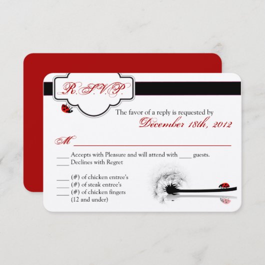 3x5 R.S.V.P.リプライカードレディーバグDandilion花 出欠カード (正面/裏面)