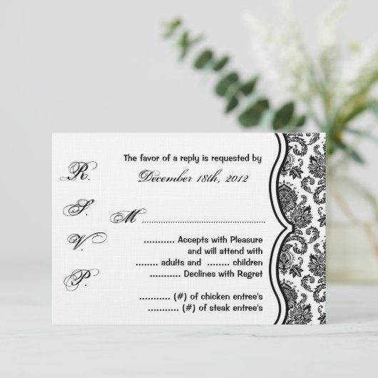 3x5 R.S.V.P.リプライカード白黒ダマスクレース 出欠カード (スタンド正面)
