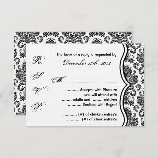 3x5 R.S.V.P.リプライカード白黒ダマスクレース 出欠カード (正面/裏面)