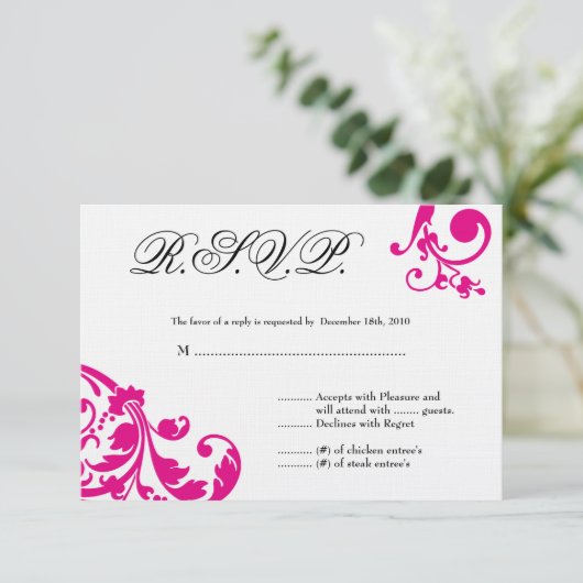 3x5 R.S.V.P.リプライ・カードのホットピンクのフローラの葉 出欠カード (スタンド正面)
