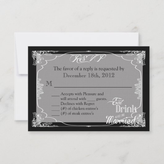 3x5 R.S.V.P.リプライ・カード・ドリンク食べブは黒結婚したく 出欠カード (正面)