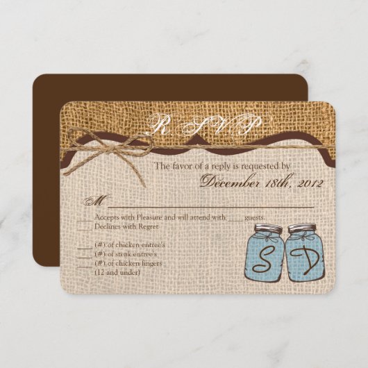 3x5 R.S.V.P.リプライ・カード・メイソンのjarのBurlap国 出欠カード (正面/裏面)