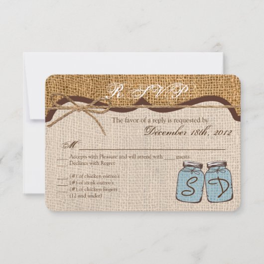 3x5 R.S.V.P.リプライ・カード・メイソンのjarのBurlap国 出欠カード (正面)