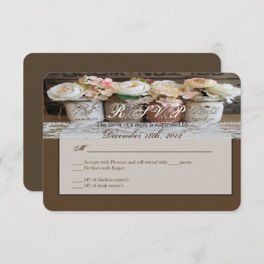 3x5 R.S.V.P.リプライ・カードMason Jarsとバラ 出欠カード (正面/裏面)