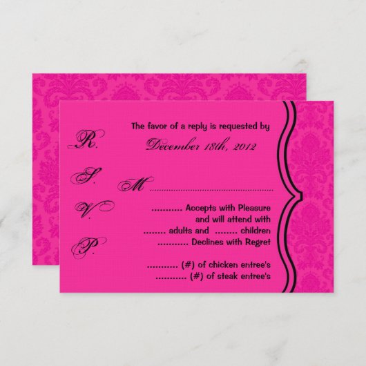 3x5 R.S.V.P.応答カード白黒ダマスクレース 出欠カード (正面/裏面)