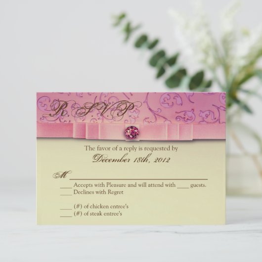 3x5 R.S.V.P.返信カードアメジスト宝石エンボス 出欠カード (スタンド正面)