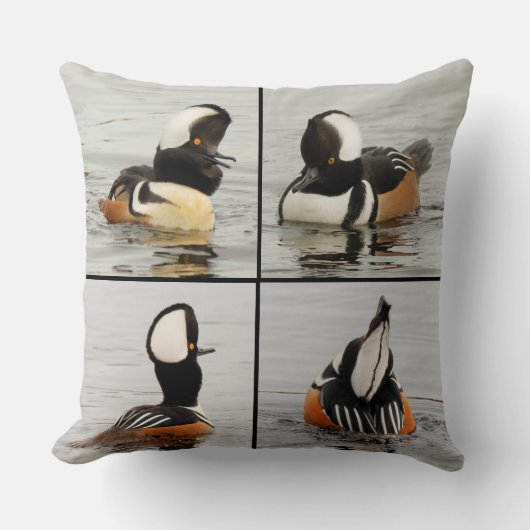 4つのおもしろい顔のフード付きMergansers Ducks クッション (正面)