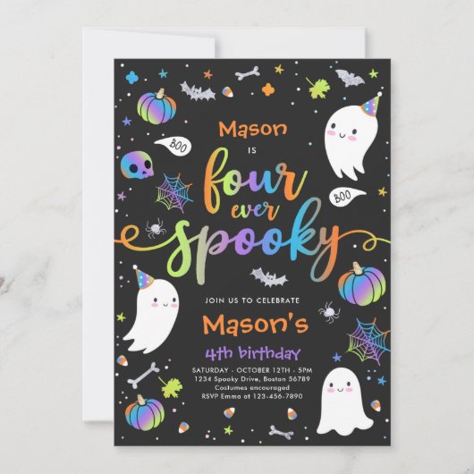 4つのかわい不気味ハロウィーン幽霊4th誕生日 招待状 (正面)