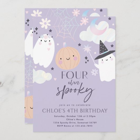 4つのかわい不気味ハロウィーン幽霊4th誕生日 招待状 (正面/裏面)