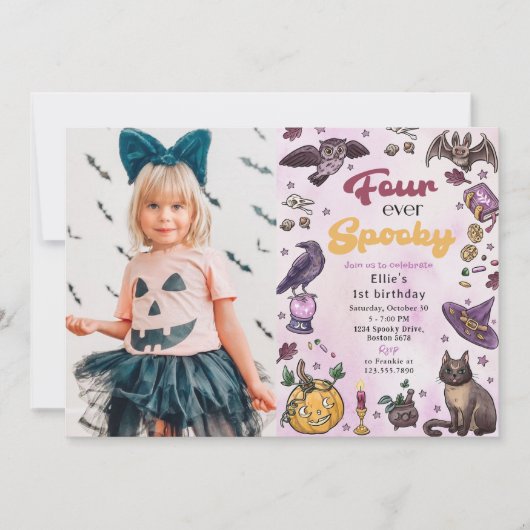 4つのかわい不気味ハロウィーン4th誕生日の写真 招待状 (正面)